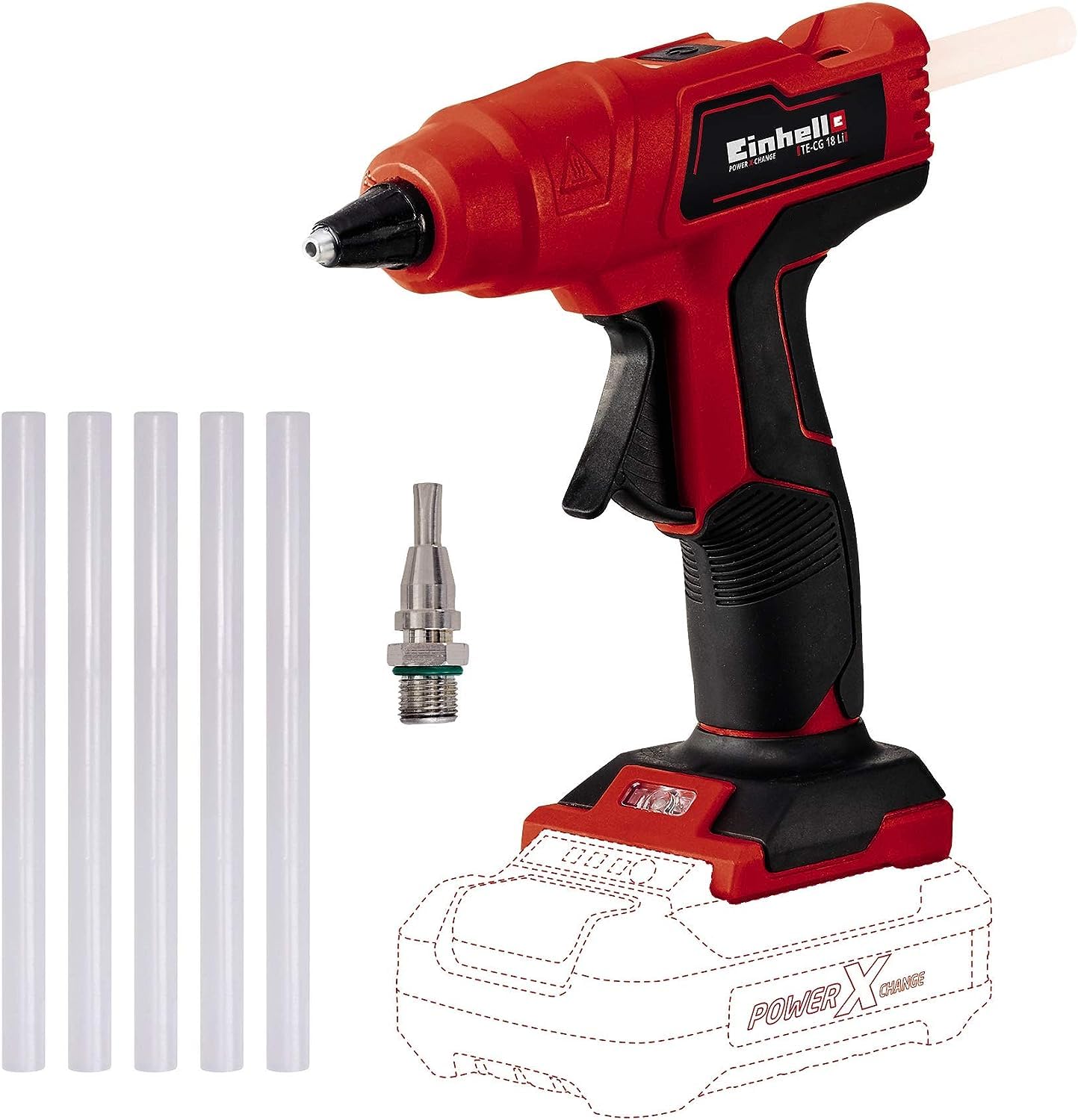 Einhell Akku-Heißklebepistole TE-CG 18 Li - Solo Power X-Change (Lithium-Ionen, in 120 Sekunden einsatzbereit, inkl. 5 Klebestifte + Flachklebedüse, ohne Akku und Ladegerät)