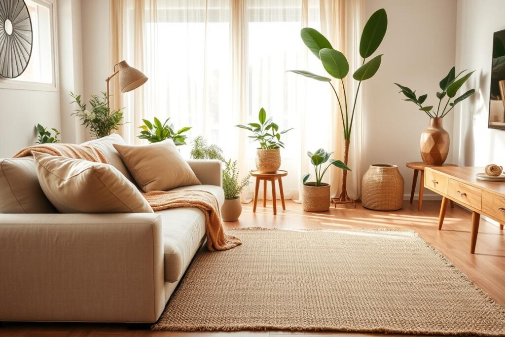 A cozy living room scene showcasing eco-friendly textiles. In the foreground, a plush organic cotton sofa and matching throw pillows in earthy tones. In the middle ground, a handwoven jute area rug with a simple geometric pattern. The background features a large window with sheer linen curtains, allowing natural light to flood the space. Potted plants and a wooden side table with a handcrafted ceramic vase add natural accents. The overall mood is warm, inviting, and in harmony with the environment. A cozy living room scene showcasing eco-friendly textiles. In the foreground, a plush organic cotton sofa and matching throw pillows in earthy tones. In the middle ground, a handwoven jute area rug with a simple geometric pattern. The background features a large window with sheer linen curtains, allowing natural light to flood the space. Potted plants and a wooden side table with a handcrafted ceramic vase add natural accents. The overall mood is warm, inviting, and in harmony with the environment.