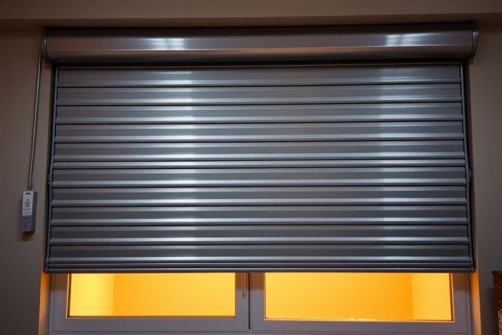 A high-security roller shutter system covering a large window, designed to deter burglars. The shutter is made of sturdy, interlocking metal slats in a brushed steel finish, creating a formidable barrier. Detailed attention has been paid to the sturdy casing, reinforced guides, and secure locking mechanism. Warm lighting from within the room casts a soft glow through the partially lowered shutter, hinting at the privacy and security it provides. The scene conveys a sense of protection and peace of mind for the homeowner, balancing functional security with an elegant aesthetic. A high-security roller shutter system covering a large window, designed to deter burglars. The shutter is made of sturdy, interlocking metal slats in a brushed steel finish, creating a formidable barrier. Detailed attention has been paid to the sturdy casing, reinforced guides, and secure locking mechanism. Warm lighting from within the room casts a soft glow through the partially lowered shutter, hinting at the privacy and security it provides. The scene conveys a sense of protection and peace of mind for the homeowner, balancing functional security with an elegant aesthetic.