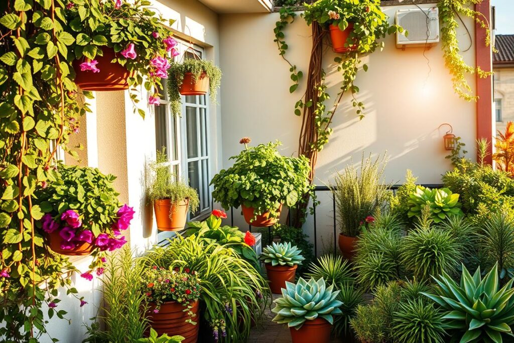 A lush, verdant balcony scene showcasing an array of thriving plants tailored to different sun exposures. In the foreground, cascading vines and hanging baskets of trailing flowers adorn a west-facing wall, bathed in warm, golden light. Centrally, a vibrant mix of potted herbs and leafy greens thrive on a sheltered, north-facing ledge. In the background, sun-loving succulents and perennials bask in the radiant glow of an east-facing corner, casting dynamic shadows. The composition is balanced, with a cohesive color palette and a sense of natural harmony, capturing the essence of "Pflanzen-Know-how für jede Ausrichtung". A lush, verdant balcony scene showcasing an array of thriving plants tailored to different sun exposures. In the foreground, cascading vines and hanging baskets of trailing flowers adorn a west-facing wall, bathed in warm, golden light. Centrally, a vibrant mix of potted herbs and leafy greens thrive on a sheltered, north-facing ledge. In the background, sun-loving succulents and perennials bask in the radiant glow of an east-facing corner, casting dynamic shadows. The composition is balanced, with a cohesive color palette and a sense of natural harmony, capturing the essence of "Pflanzen-Know-how für jede Ausrichtung".